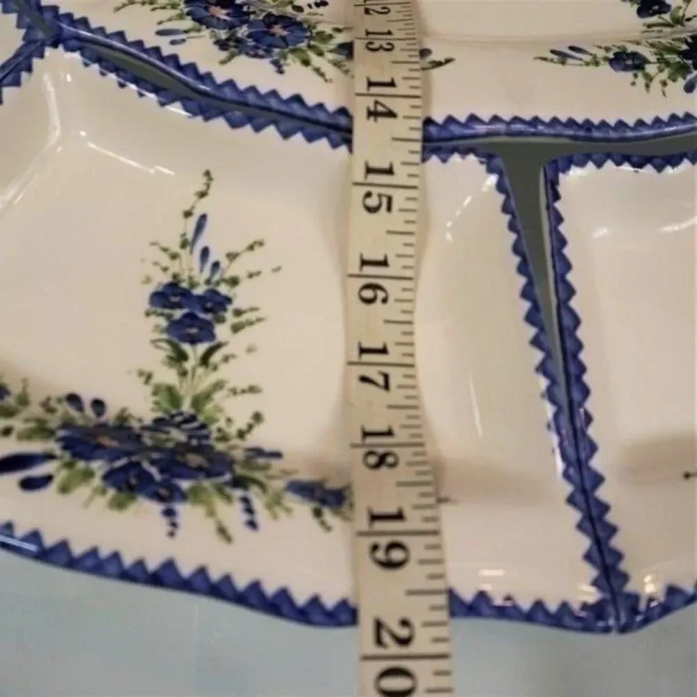 Vintage Tidbit Tray 7 Pc XL Dish Set White Blue Flowers Hand Painted Greece